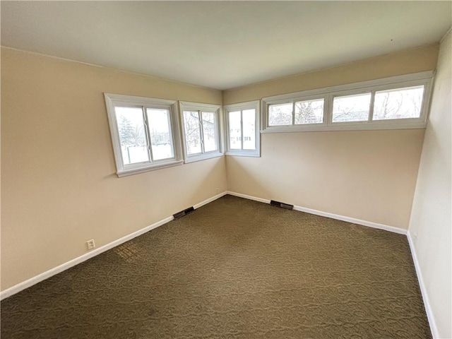 unfurnished room featuring dark carpet, visible vents, and baseboards