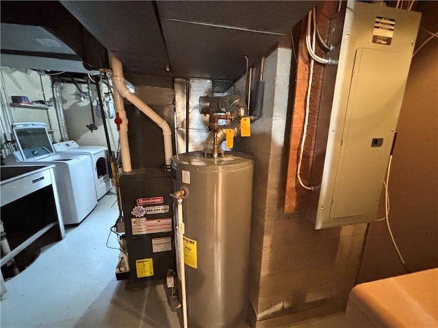 utilities with electric panel, water heater, and washer and clothes dryer