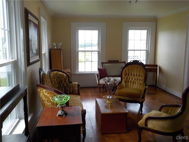 sitting room with baseboards, wood finished floors, and crown molding