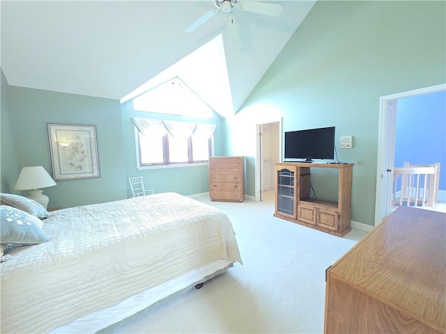 bedroom featuring high vaulted ceiling, carpet flooring, baseboards, and a ceiling fan