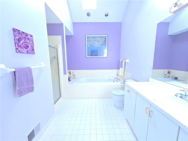 full bathroom featuring a garden tub, visible vents, toilet, a shower stall, and tile patterned floors