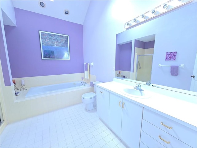 full bathroom with lofted ceiling, a garden tub, vanity, a shower stall, and tile patterned floors