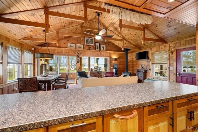 23000 County Route 57, Lyme, NY 13693 - kitchen featuring a wood stove, wood walls, ceiling fan, wood ceiling, and open floor plan