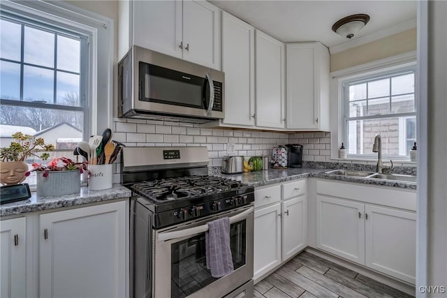 kitchen with stainless steel appliances, a healthy amount of sunlight, a sink, and decorative backsplash