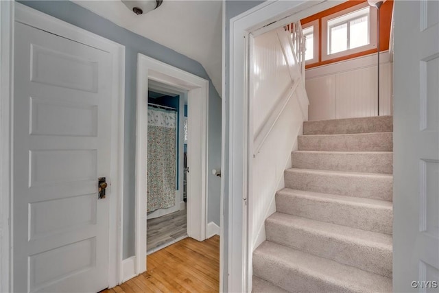 stairs with wood finished floors