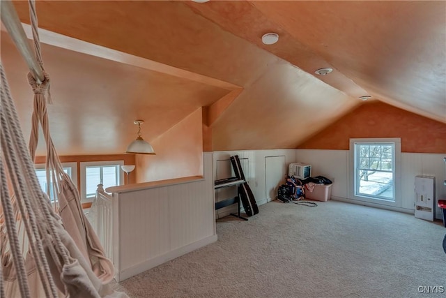 bonus room with a wealth of natural light, vaulted ceiling, and carpet