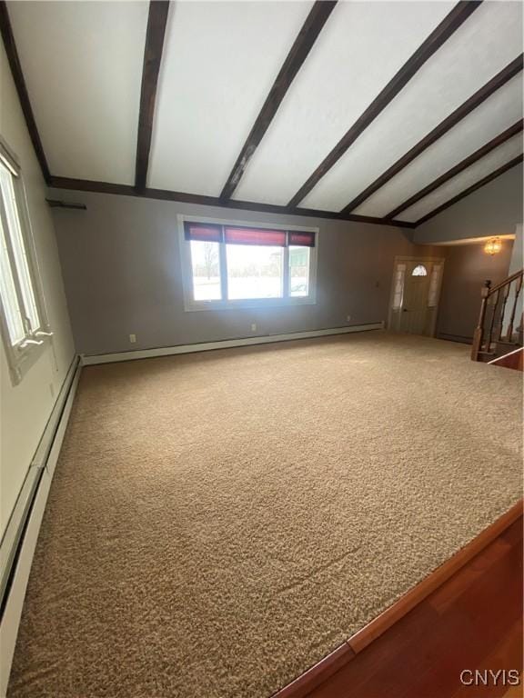 unfurnished room with lofted ceiling with beams, stairway, a baseboard radiator, and baseboards