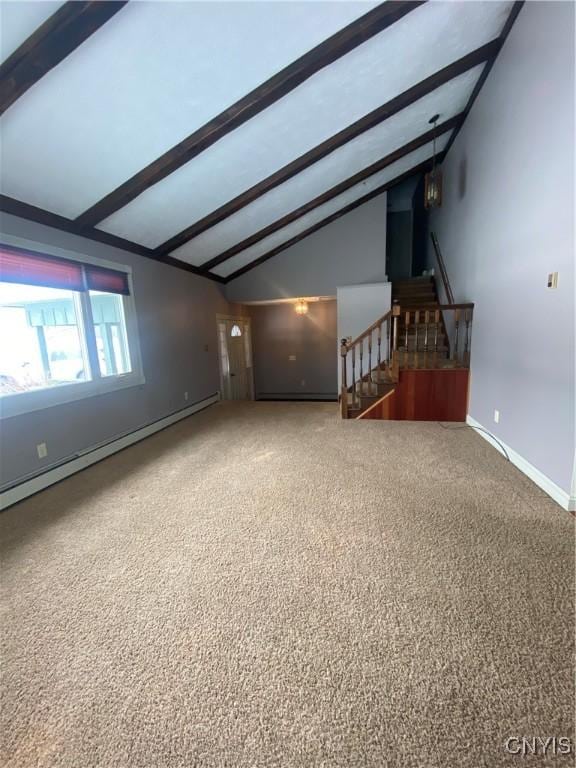 unfurnished living room with baseboards, vaulted ceiling with beams, stairs, carpet floors, and a baseboard heating unit