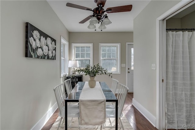 dining area featuring ceiling fan, wood finished floors, and baseboards