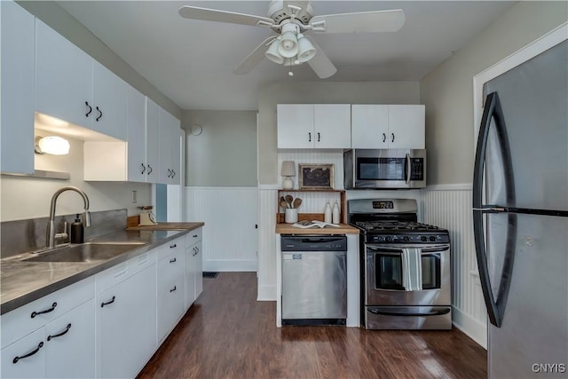 kitchen featuring stainless steel appliances, dark wood finished floors, wainscoting, and a sink