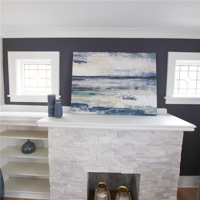 interior details featuring a fireplace and crown molding