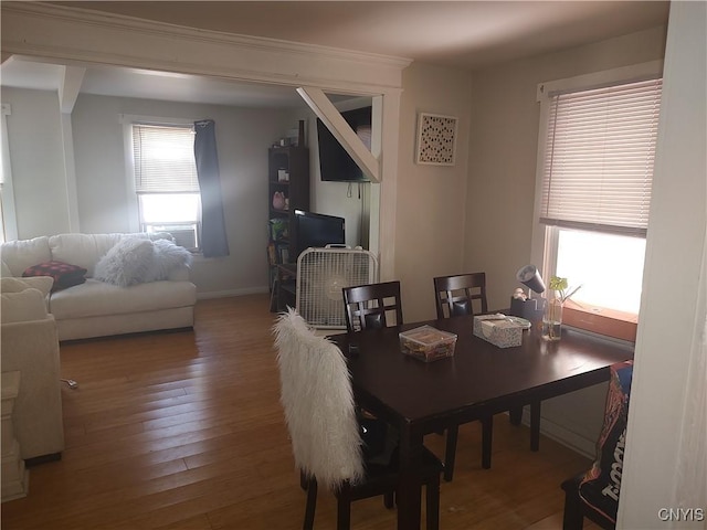 dining room featuring hardwood / wood-style floors and baseboards