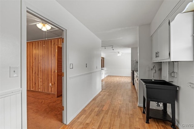 hallway featuring a wainscoted wall, light wood finished floors, and track lighting