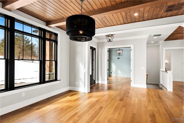 unfurnished room featuring wood ceiling, visible vents, beamed ceiling, and light wood-style flooring