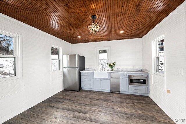 kitchen featuring a healthy amount of sunlight, dark wood-style floors, appliances with stainless steel finishes, and a sink