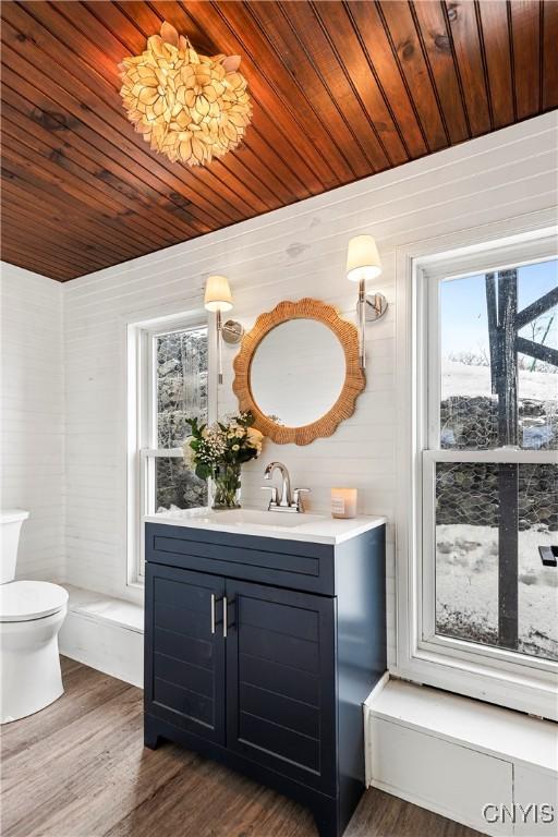 bathroom with wood finished floors, wooden ceiling, vanity, and toilet