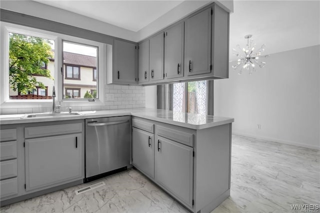 kitchen with a sink, dishwasher, a peninsula, and gray cabinetry