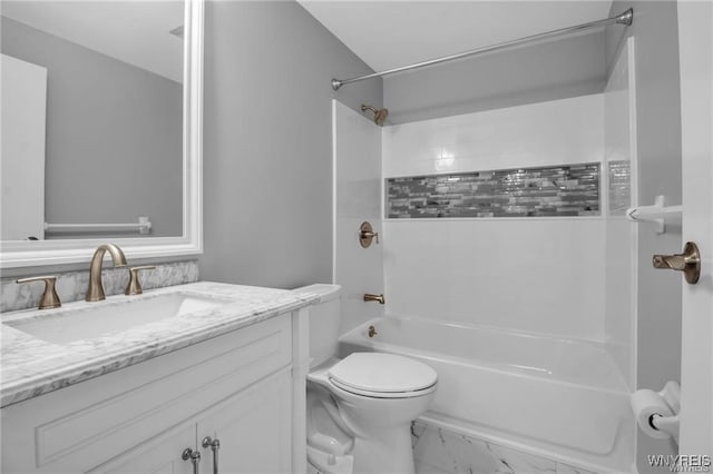 full bathroom with toilet, marble finish floor, shower / tub combination, and vanity