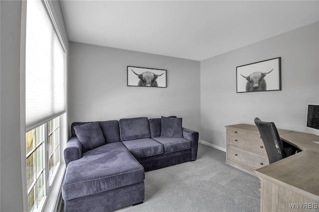 office featuring light carpet and baseboards