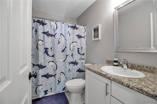 full bathroom featuring a shower with shower curtain, vanity, and toilet