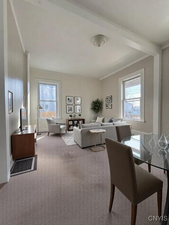carpeted living room featuring a healthy amount of sunlight and crown molding