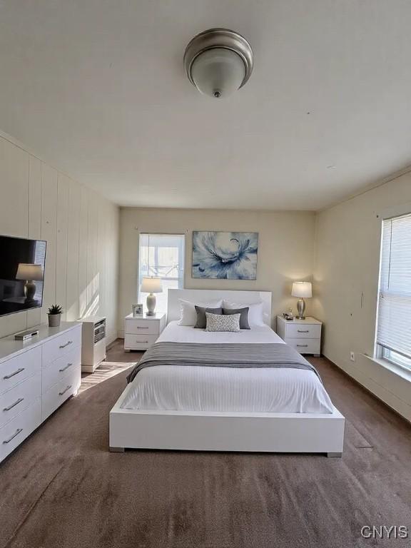 carpeted bedroom featuring multiple windows