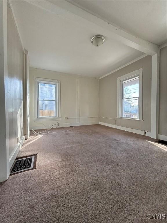 carpeted spare room with visible vents, plenty of natural light, baseboards, and ornamental molding
