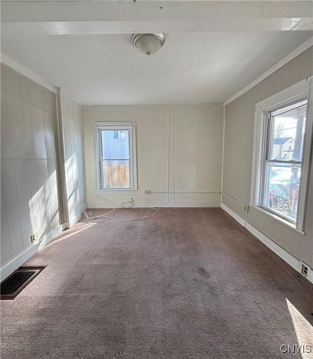 carpeted spare room with a wealth of natural light, visible vents, and a decorative wall
