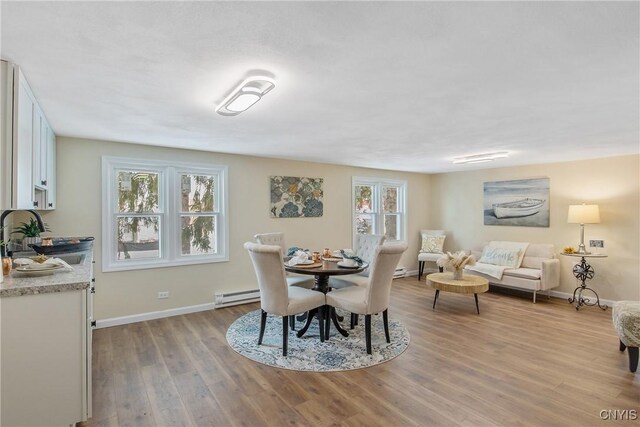 dining area with baseboards, a baseboard radiator, wood finished floors, and a healthy amount of sunlight