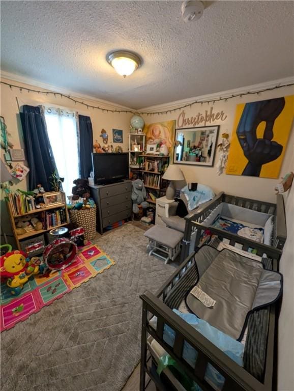 interior space featuring carpet and a textured ceiling