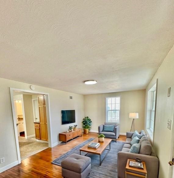 4027 Rockwell Ave, Horseheads, NY 14845 - living area featuring visible vents, a textured ceiling, baseboards, and wood finished floors