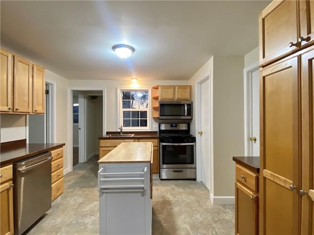 4027 Rockwell Ave, Horseheads, NY 14845 - kitchen featuring baseboards, stainless steel appliances, light brown cabinets, wooden counters, and a sink