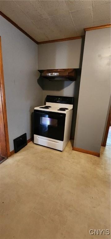 kitchen with ornamental molding, baseboards, electric range oven, and light floors