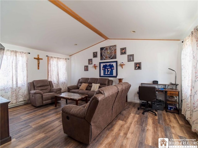 living area featuring baseboards, wood finished floors, and vaulted ceiling with beams