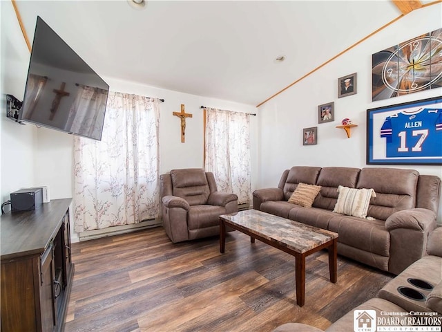 living area with vaulted ceiling, dark wood-style floors, and a baseboard radiator