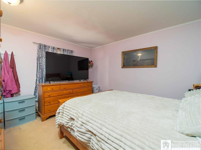 bedroom featuring light carpet and crown molding