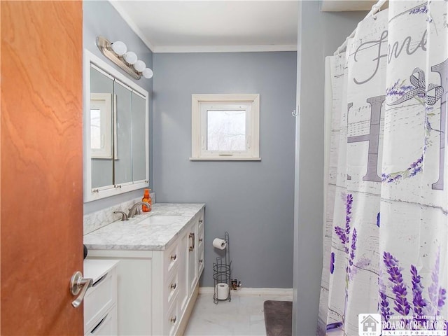 full bathroom featuring baseboards, marble finish floor, curtained shower, crown molding, and vanity