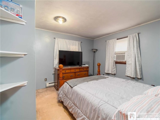 bedroom with carpet floors, crown molding, and cooling unit
