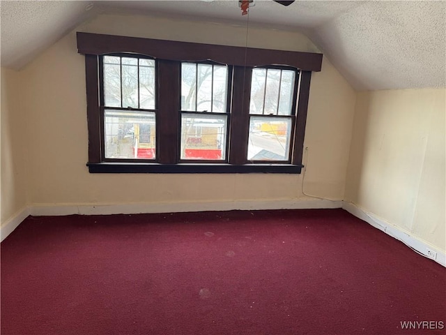 additional living space with lofted ceiling, baseboards, a textured ceiling, and carpet flooring