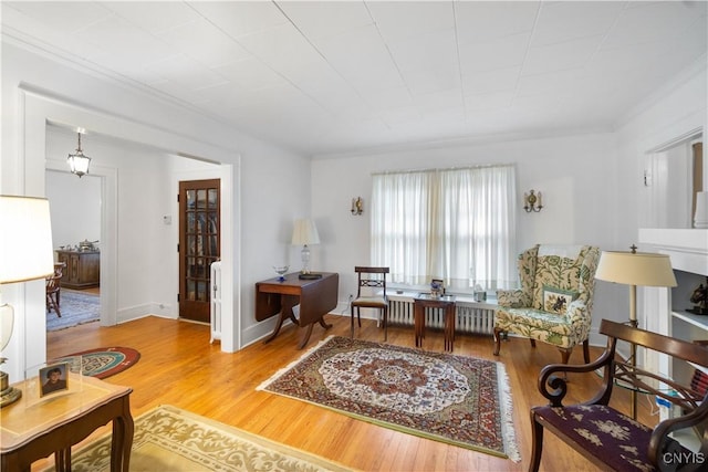 living area featuring radiator, baseboards, and wood finished floors