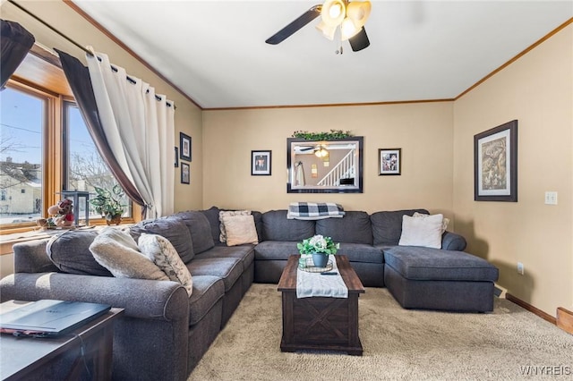 carpeted living area featuring ceiling fan, baseboards, and crown molding