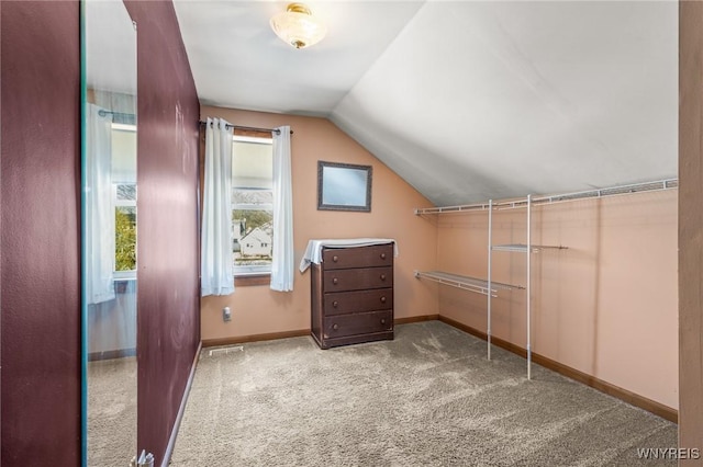 walk in closet with vaulted ceiling and carpet