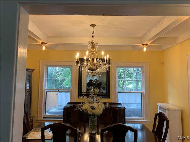 dining room with a healthy amount of sunlight, an inviting chandelier, coffered ceiling, and beam ceiling