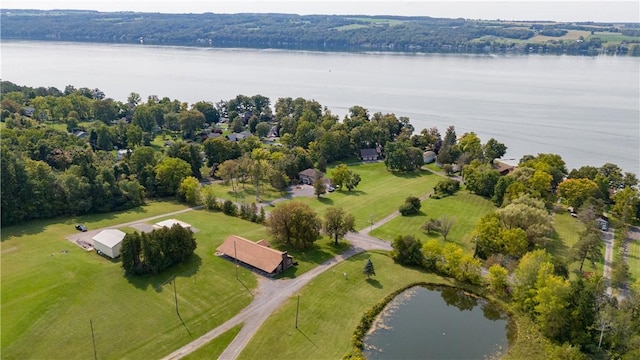 drone / aerial view with a water view