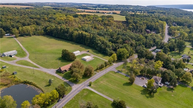 birds eye view of property featuring a water view, a wooded view, and a rural view