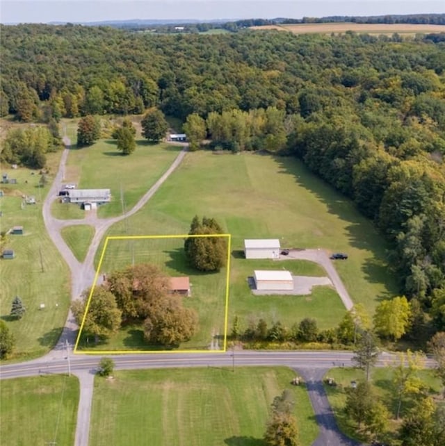 bird's eye view featuring a wooded view