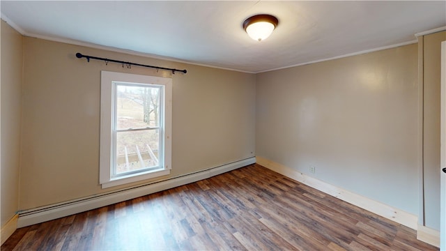 unfurnished room featuring a baseboard radiator, baseboards, wood finished floors, and ornamental molding