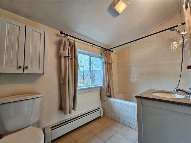 bathroom featuring a baseboard radiator, toilet, tiled shower / bath combo, vaulted ceiling, and tile patterned floors