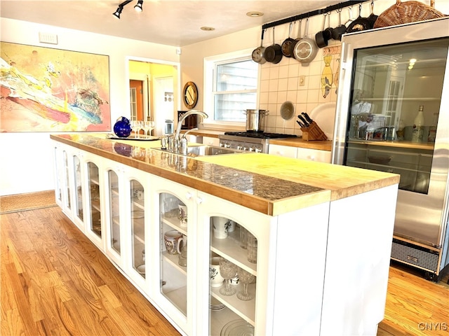 bar with refrigerator, stove, a sink, light wood finished floors, and tasteful backsplash