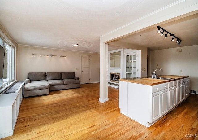 kitchen featuring light wood-style flooring, a brick fireplace, open floor plan, a sink, and butcher block countertops